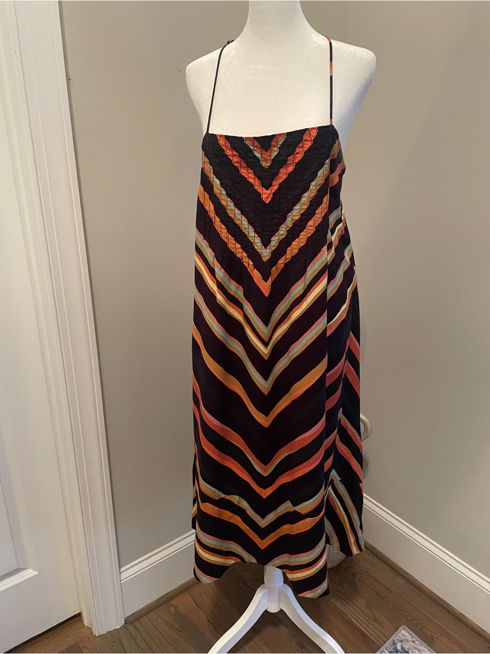 Anthropologie Black Maxi dress with Orange, Yellow and Teal Chevron Stripes